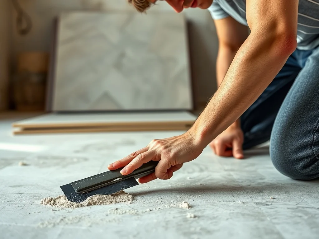 Fachowiec nakłada klej do płytek na betonowe podłoże przy użyciu pacy zębatej, dbając o odpowiednią grubość warstwy.