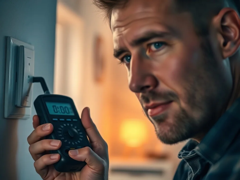 Mężczyzna używa multimetru do pomiaru napięcia w domowym gniazdku elektrycznym.