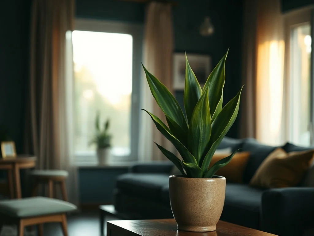 Wężownica w ceramicznej doniczce na drewnianym stoliku w przytulnym, zacienionym salonie.